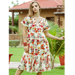 Robe courte brodée à fleurs, à volants, col en V, fermeture éclair dans le dos, coupe Pom Pom, Style bohème, longueur au genou, nouvelle collection été Offre Spéciale - Product Image 1