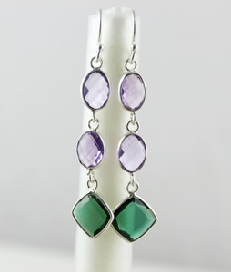 Émeraude améthyste Hydro Mix forme fait à la main argent Dangle argent plaqué argent 925 forme de luxe boucles d'oreilles cadeau - Product Image 3