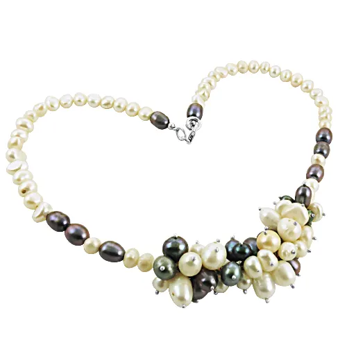 Black And White Color Pearl 925 Silver Necklace Fancy Beads Necklace
