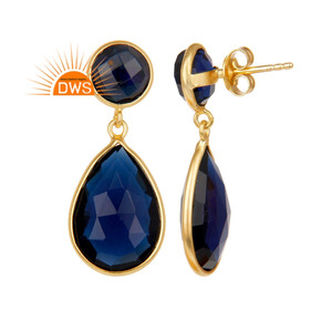 Designer Yellow Gold Plated Silver Earrings Blue Corundum Gemstone Earrings Jewelry Manufacture - Product Image 3