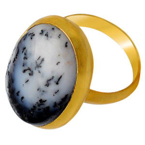 Anillo de Plata de Ley Chapado en Oro con Ópalo Dendrítico de Corte Ovalado en Engaste de Bisel, Clásico para Aniversario de Bodas - Product Image 4