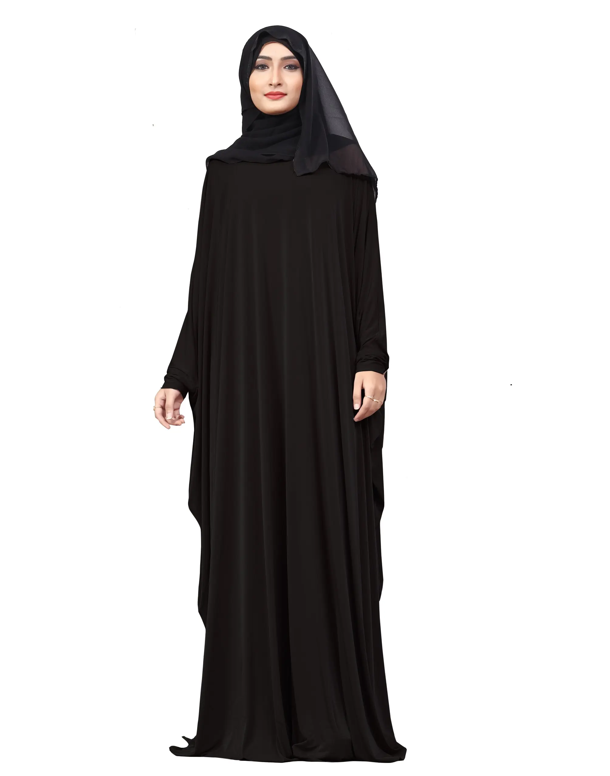 Black Color Plain Free Size Arabic Lykra Abaya With Chiffon Dupatta For Women