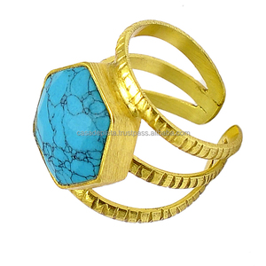 Anillo de Plata de Ley 925 con Turquesa Corte Hexagonal, Bañado en Oro, con Engaste Fino, Moderno, para Regalo de Boda o Fiesta, para Mujer - Product Image 1