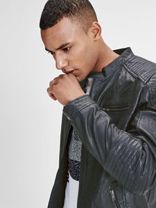 Chaqueta negra de motorista clásica al por mayor para hombre, piel de vaca auténtica, cordero, primera capa, moda de grano completo, bolsillo frontal con cremallera en el pecho, Invierno - Product Image 5