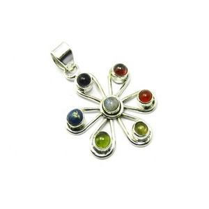 Colgante y abalorio de joyería fina para mujer Chakra de Plata de Ley 925 pura con lapislázuli rojo y múltiples piedras preciosas chapadas en oro - Product Image 1