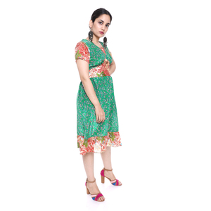 Green Floral Print V-Neck Cap Sleeve Midi Dress With Ruffle Hem Casual A-Line Summer Wear - Product Image 2