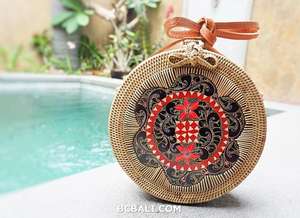 Sacs à bandoulière en rotin, produits traditionnels et ethniques, en paille, cercle rond, bois lunaire sculpté, peint à la main, Design ethnique, - Product Image 2