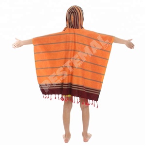 เสื้อปอนโชเด็กน่ารักมีฮู้ด,ผ้า Pestemal บางสีส้มและพู่จากตุรกี Peshtemal ผลิตผ้าฝ้าย100 - Product Image 5