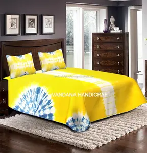 jaipuri床单黄色和蓝色Shibori床罩手工泰染色床罩手绗缝扔毯SSTH