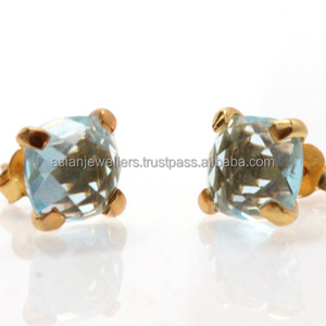 Tendance 925 Sterling Silver Blue Topaz Quartz Gemstone 8mm Plaqué Or Boucles D'oreilles pour Fiançailles Mariage Anniversaire & Cadeau - Product Image 1