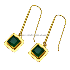Boucles d'oreilles en argent sterling 925 plaqué or avec pierre précieuse carrée en onyx vert Boucle d'oreille à la mode romantique pour cadeau de mariage pour femme. - Product Image 2