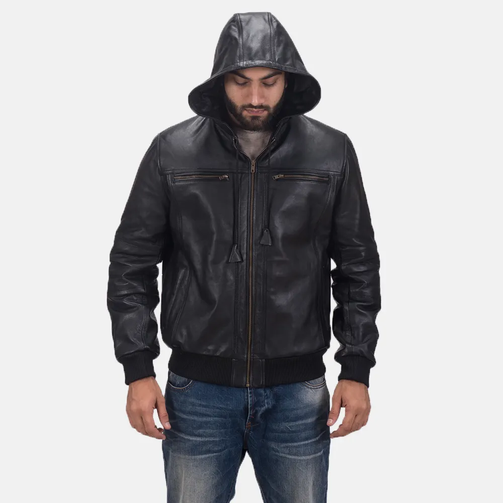 Custom Classic Comfortable Bouncer Biz Black Leather Bomber Jacket With Hood 100% Real Leather