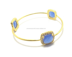 Pulsera de circonita cúbica de Calcedonia azul, brazalete de moda hecho a mano chapado en oro, piedras preciosas clásicas, regalo de boda para fiesta para mujer - Product Image 1