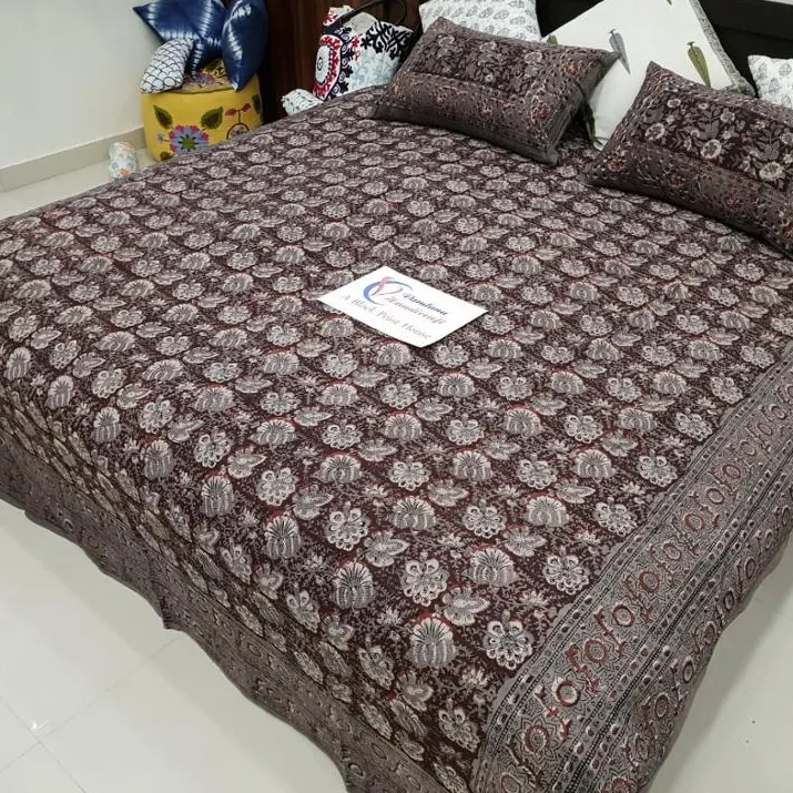 インドのベッドシーツフローラルアートコットンベッドカバーバグルプリントハンドブロックプリントデザイン枕付き