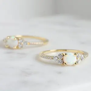 925 Sterling Silver 14K gold plated Synthetic Round White Fire Opal Three Stone Dainty diamond Rings