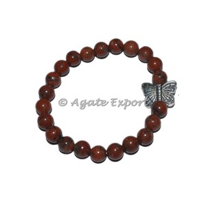 Pulseras de piedras preciosas de jaspe rojo, con abalorio de mariposa - Product Image 1