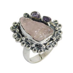 แหวนเงินแท้สำหรับชายและหญิง Vermeil ประดับอัญมณีสีมอร์แกไนท์และอเมทิสต์สำหรับงานแต่งงานขายส่ง - Product Image 1