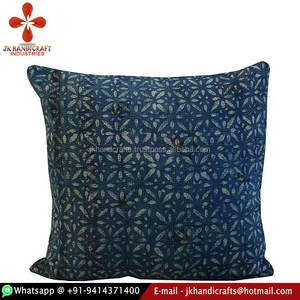 New Floral Hand Block Print Vegetable Dye Indigo Kantha <b>Cushion</b> Cover - Product Image 1