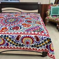 Magnifique drap plat en coton 200TC brodé à la main avec motif géométrique Suzani, idéal pour toutes les saisons, pour la chambre à coucher