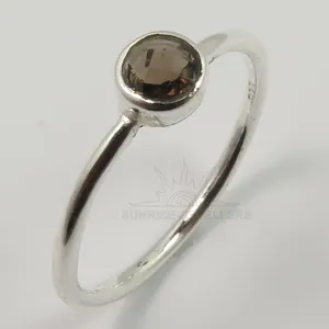 自然烟雾弥漫的石英圆形宝石小小的可爱的戒指各种规模925纯纯银饰品!制造商