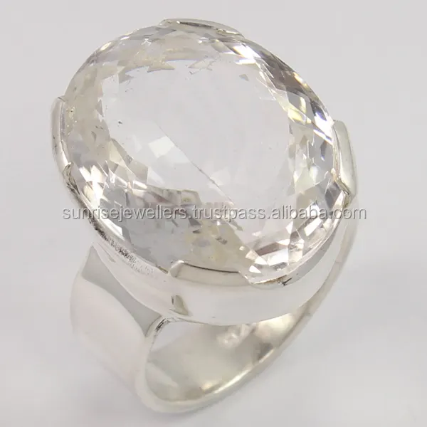 Perhiasan Cincin Perak Sterling 925, Perhiasan Batu Permata Besar Kuarsa Kristal Bening Chunky