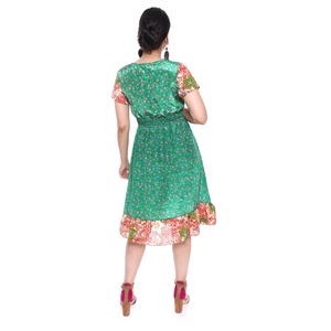 Green Floral Print V-Neck Cap Sleeve Midi Dress With Ruffle Hem Casual A-Line Summer Wear - Product Image 3