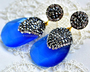 Iced Catseye Gemstone Boucles d'oreilles de mariée de couleur bleu clair et foncé de Turquie - Product Image 2