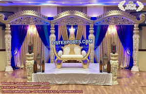 Impresionante decoración de escenario de boda Nikah musulmana dorada Panel de fondo de terciopelo con elegantes pilares Mehrab y accesorios de escenario Walima - Product Image 2