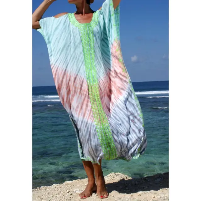 New Arrival Women Free Size Long Casual Tie Dye Kaftan One Size Caftan Dress Summer Luxury handmade embroidery Beach Pocho