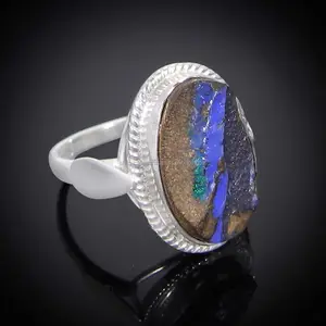 Batu Permata Opal Natural 925 Perak Murni Desainer Kerajinan Tangan Set Cincin Bezel