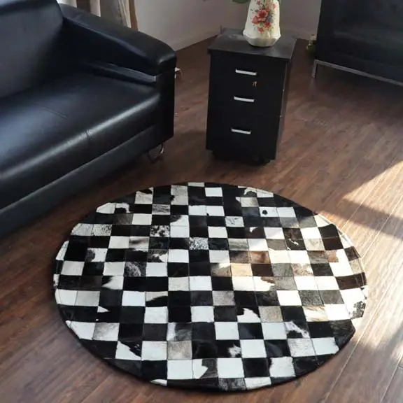 New Cowhide Leather Patchwork Animal Skin Round Area Carpet