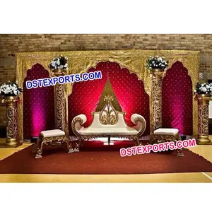 Conjunto de casamento dourado com laço de fundo, fabuloso paquistanês de casamento conjunto de recepção de casamento decoração de palco noturno