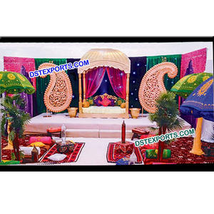 Jodha Akbar Pagoda estilo Paisleys dorados decoración de escenario fabricante de escenario de boda indio para decoraciones de boda Paisley - Product Image 1