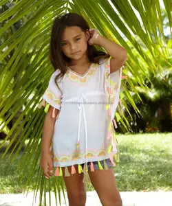 Mexicaanse Stijl Delicate Hand Aari Borduren Batwing Mouw Cover Up Kaftan Jurk Voor Peuter Meisje Strand Baby Poncho Tuniek