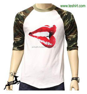 men's contrast ribbed crew neck camo raglan 3/4 sleeve Tshirts Tactical Customized Camo Style Hunting Outdoor Sports Training - Product Image 1