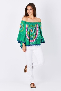 Chemisier Bohème Tissé Brodé à Imprimé Floral Vert, Manches Lanterne Digitales, Coupe Ample, Haut d'Été Décontracté pour Femme - Product Image 5