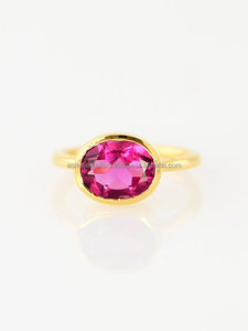 Bague en argent sterling 925 avec pierre précieuse de quartz de tourmaline rose plaquée or - Product Image 2