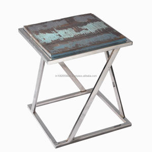 Tabouret latéral en bois Table d'angle Table en acier avec dessus en bois Design vintage bureau pliant blanc Table d'appoint de salon facile à ranger - Product Image 1