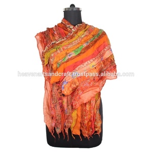Saree semi-crêpe vintage pour femme recyclé Sari Tradition foulards indiens Sari patchs écharpe réversible rayée colorée - Product Image 2