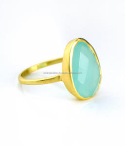 Bague en argent sterling 925 avec pierres précieuses Aqua Calcedony et lunette en vermeil, bijoux de fiançailles à la mode pour mariages et fêtes - Product Image 2