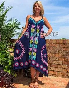 100% natürliche Baumwolle Atmungsaktiv Umwelt freundlich Relaxed Fit Baumwolle Sommer Aari Bestickte Frauen Tunika Kurzes Kleid Für Beach Resort