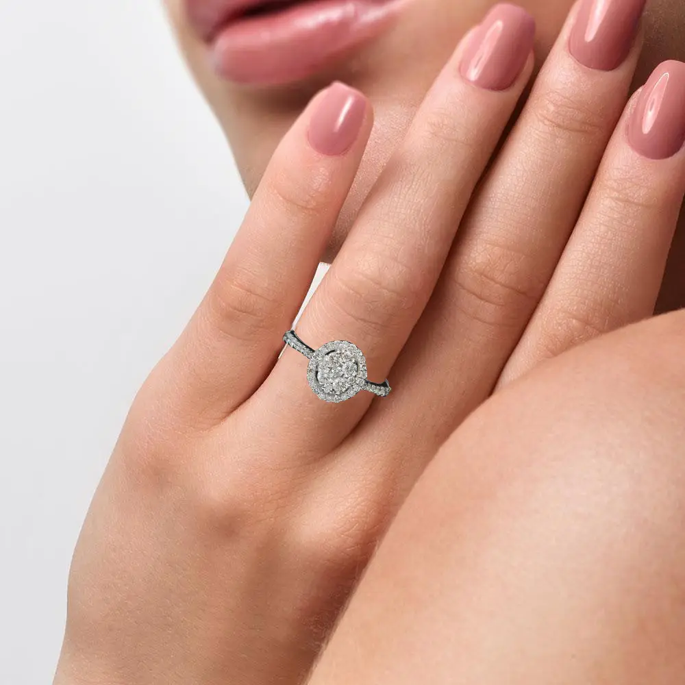 Anillo de compromiso de boda de diamante genuino de corte redondo impecable de oro blanco de 14K para mujer joyería preciosa