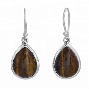 Piedra preciosa de ojo de tigre en forma de pera, Plata de Ley 925 con pendientes colgantes chapados en plata, joyería, pendiente de moda para boda. - Product Image 1
