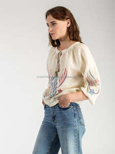 Blusa de lino Natural para mujer, blusa de lino Natural con bordado de plantas, colores Pastel, Top bordado mágico - Product Image 2