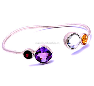 Pulsera ajustable de Plata de Ley 925, amatista, citrino, granate, cuarzo, Gema - Product Image 1