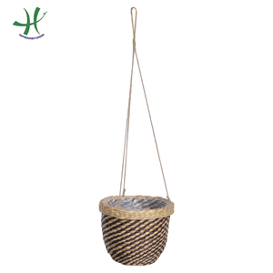 Panier en osier suspendu en jacinthe d'eau de style industriel rond en métal bois bambou et fer pot de plantes artisanat décor pour le printemps - Product Image 2