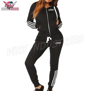 Moda mujer Casual rayas cremallera manga larga chándal logotipo personalizado pantalones largos conjunto Casual dos piezas mujeres trajes chándal - Product Image 1