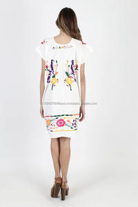 Birds <b>Dress</b> White Mexican Embroidered Boho Cotton <b>Dress</b> <b>Vintage</b> <b>70s</b> Caftan Bright Floral Festival Womens Cover Up Mini <b>Dress</b> - Product Image 3