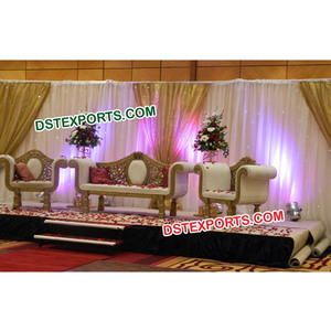 Muebles dorados con tallados para bodas indias, muebles de diseño para escenarios de bodas musulmanas, elegante juego de sofás para escenarios de bodas en venta - Product Image 6
