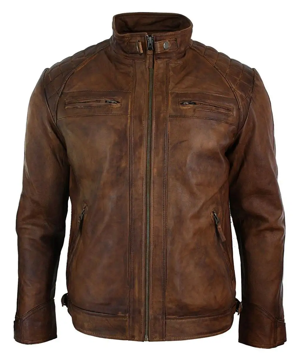 Latest Design Zipped Biker Jacket Real Leather Washed Soft Tan Brown Casual